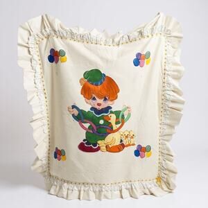 Vtg 45x39 Hand Painted and Sewn Sweet Child Clown & Duck/Ducklings Lace & Ribbon